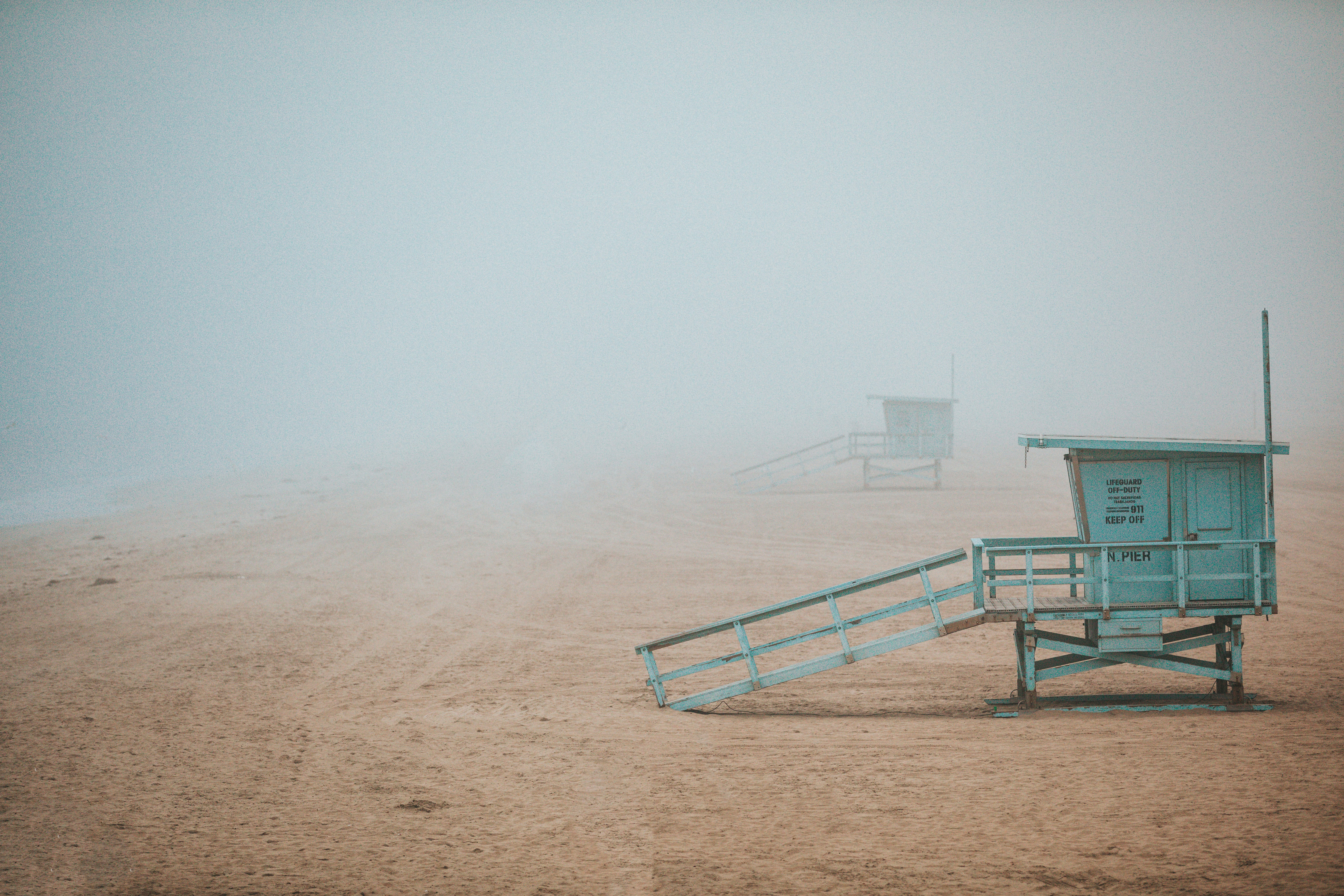 North-pier lifeguard tower in morning marine layer, Manhattan Beach