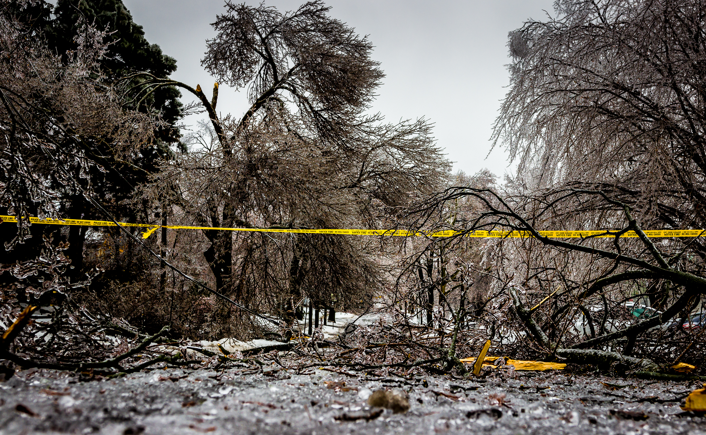 Ice storm aftermath with police tape, Toronto